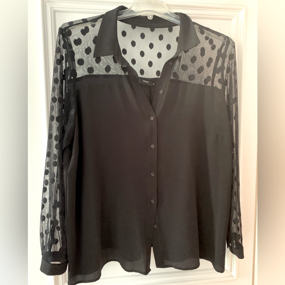 Plus Size Zizzi Womens Dress Shirt with Sheer/Polka Dot Details